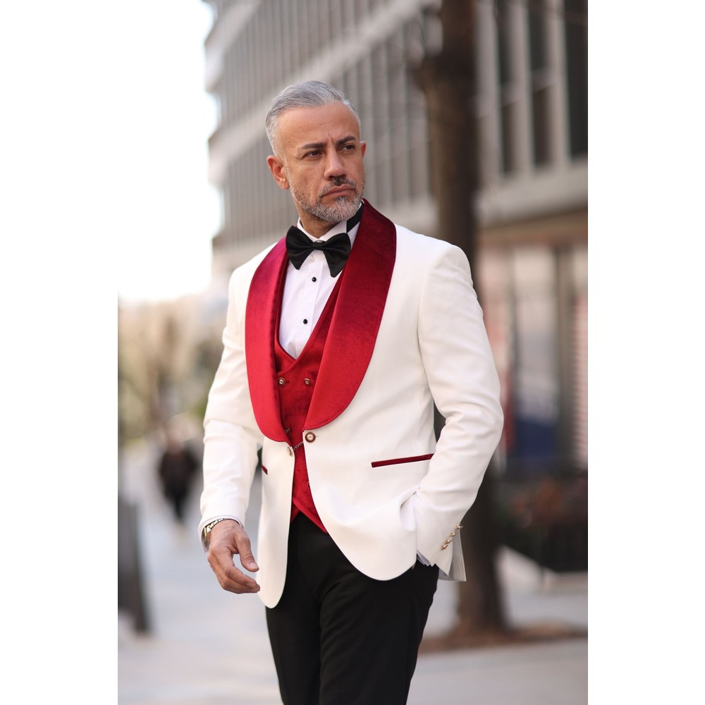Red White Men Wedding Tuxedos  - Men Formal Wear Modern 评论和价格