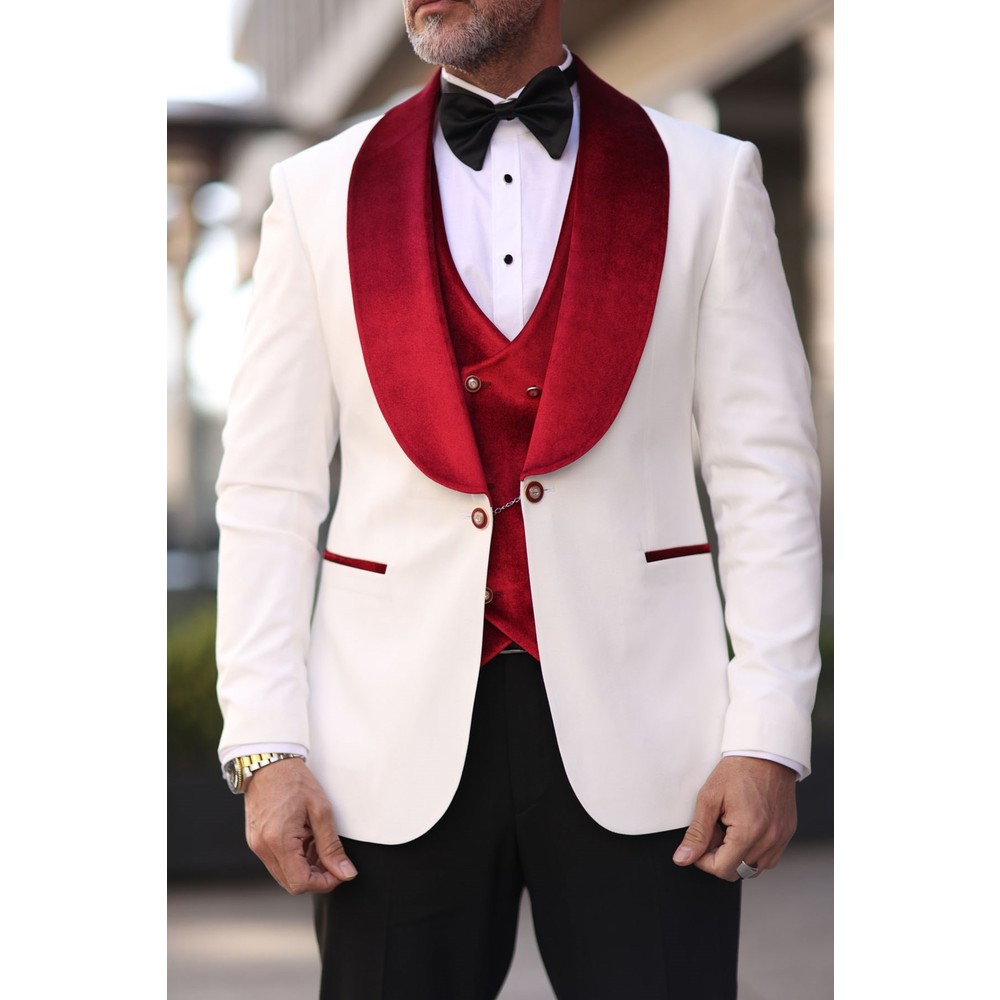 Red White Men Wedding Tuxedos  - Men Formal Wear Modern 评论和价格